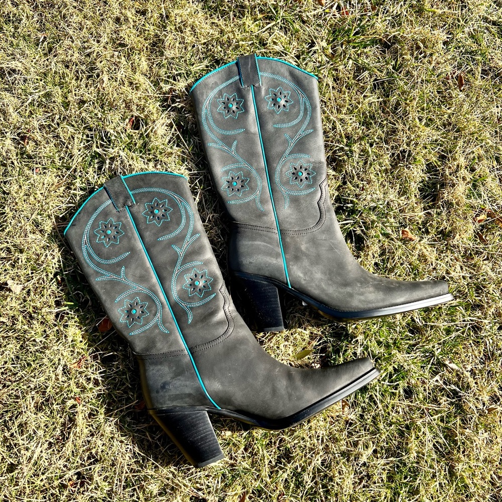 BNWT BNIB Franco Sarto Black Turquoise Cowboy Cowgirl Boots Never Worn No Scuffs